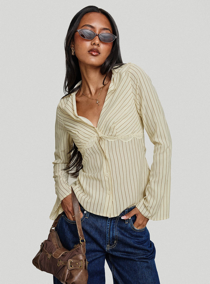 Life Begins Long Sleeve Lace Trim Top Cream Stripe