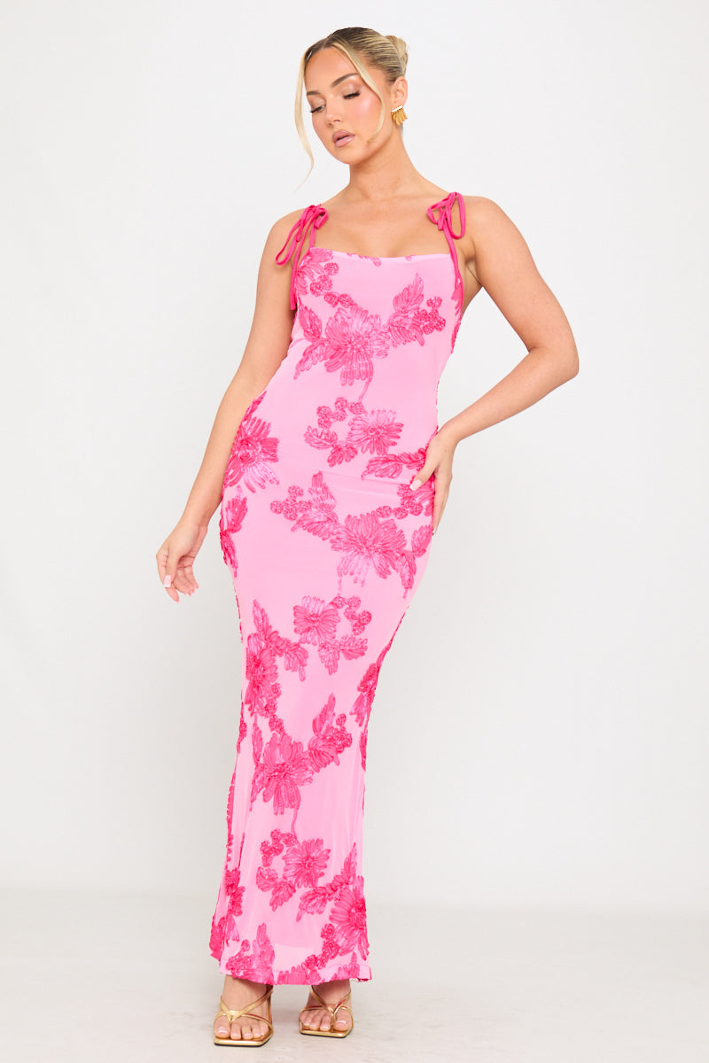 Rosa Maxikleid mit Blumenstickerei und Schulterschnürung