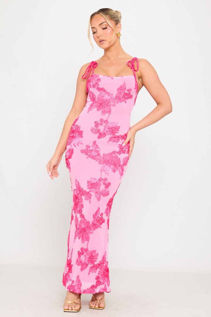 Rosa Maxikleid mit Blumenstickerei und Schulterschnürung