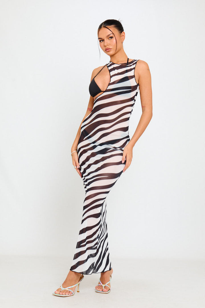 Schwarzes Maxikleid aus transparentem Netzstoff mit Zebra-Ausschnitt
