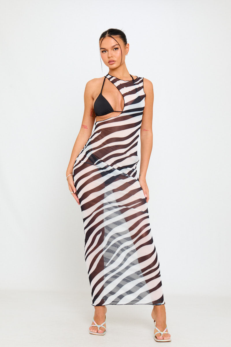 Schwarzes Maxikleid aus transparentem Netzstoff mit Zebra-Ausschnitt