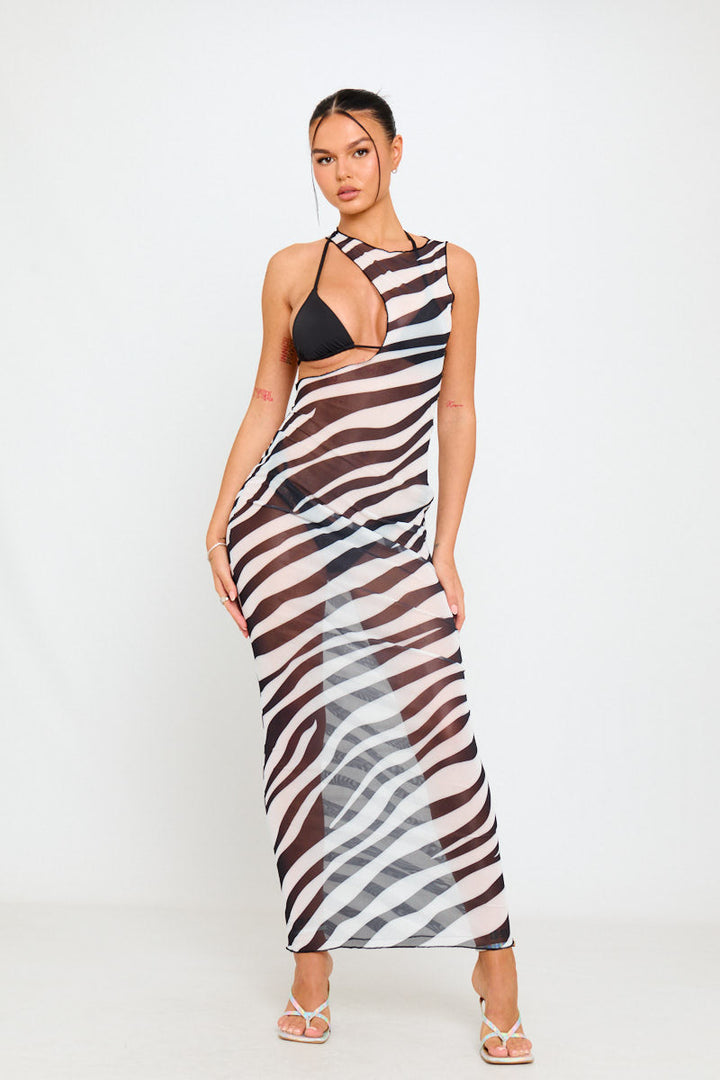 Schwarzes Maxikleid aus transparentem Netzstoff mit Zebra-Ausschnitt