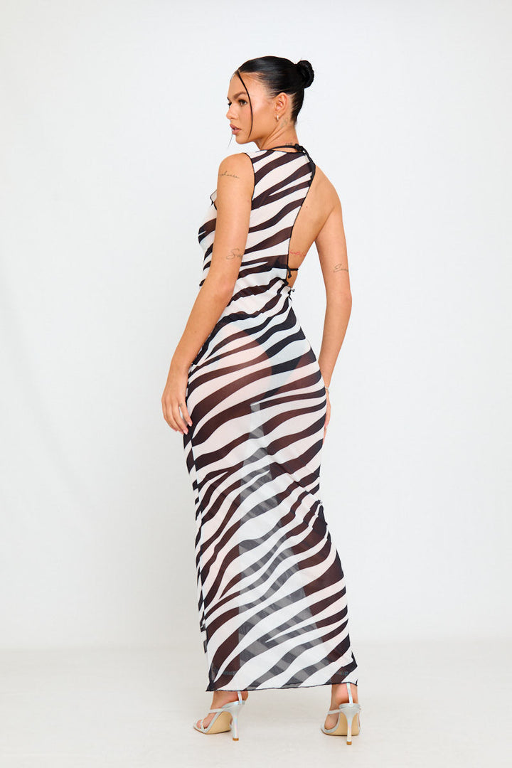 Schwarzes Maxikleid aus transparentem Netzstoff mit Zebra-Ausschnitt