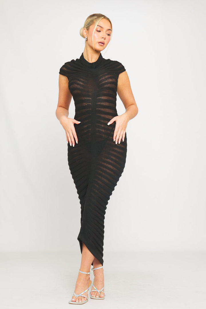 Black High Neck Sheer Knit Tube Short Sleeve Midi Dress