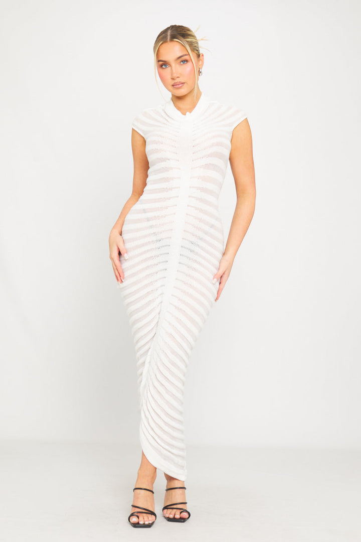 White High Neck Sheer Knit Tube Short Sleeve Midi Dress