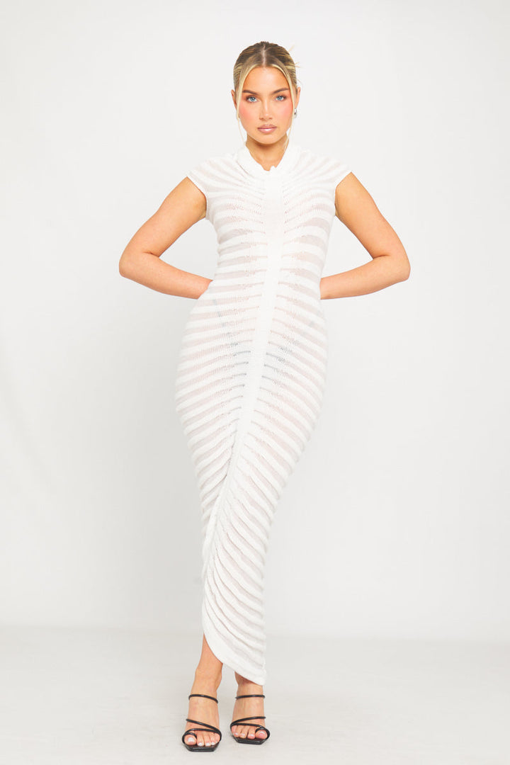 White High Neck Sheer Knit Tube Short Sleeve Midi Dress