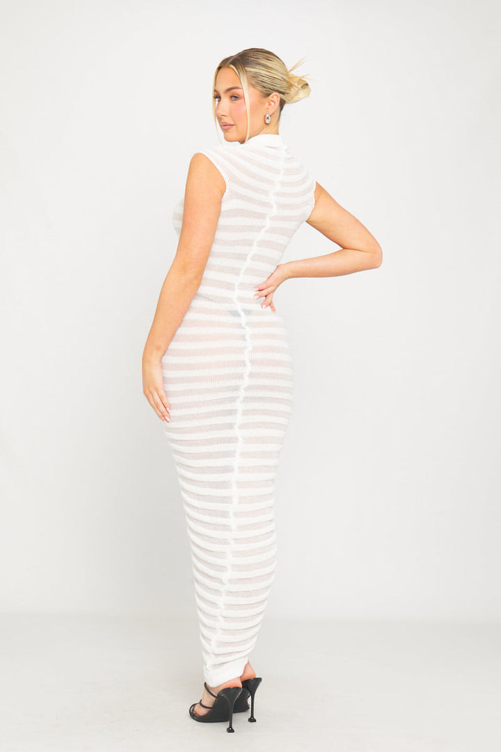 White High Neck Sheer Knit Tube Short Sleeve Midi Dress