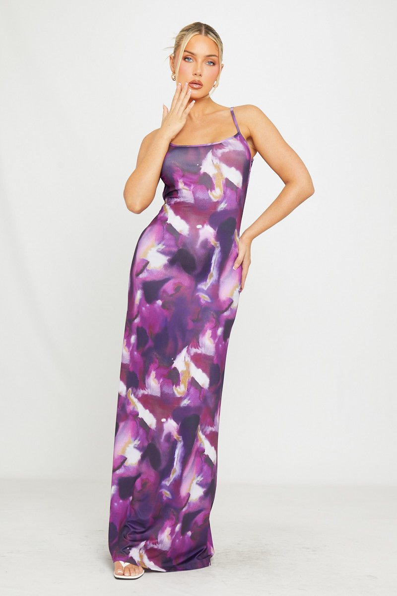Lilafarbenes rückenfreies Maxikleid mit Blumenmuster und Riemchen