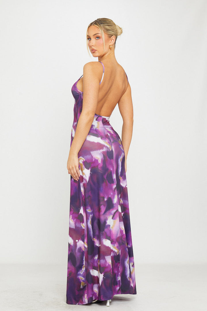 Lilafarbenes rückenfreies Maxikleid mit Blumenmuster und Riemchen